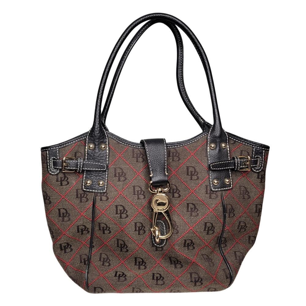 Dooney & Bourke shoulder bag brown logo red stitch latch canvas leather y2k med.